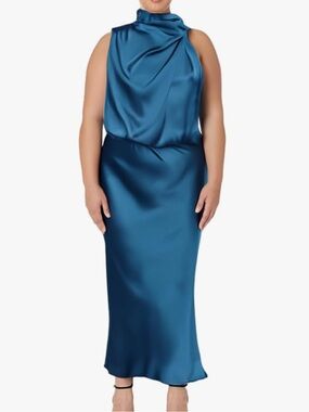 Sleeveless Satin Mock-Neck Maxi Dress in Teal